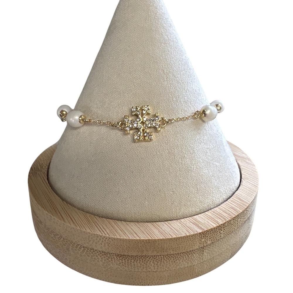 Tory Burch Kira Pearl Chain Bracelet Gold Pave Crystal Logo Women New - Picture 2 of 6